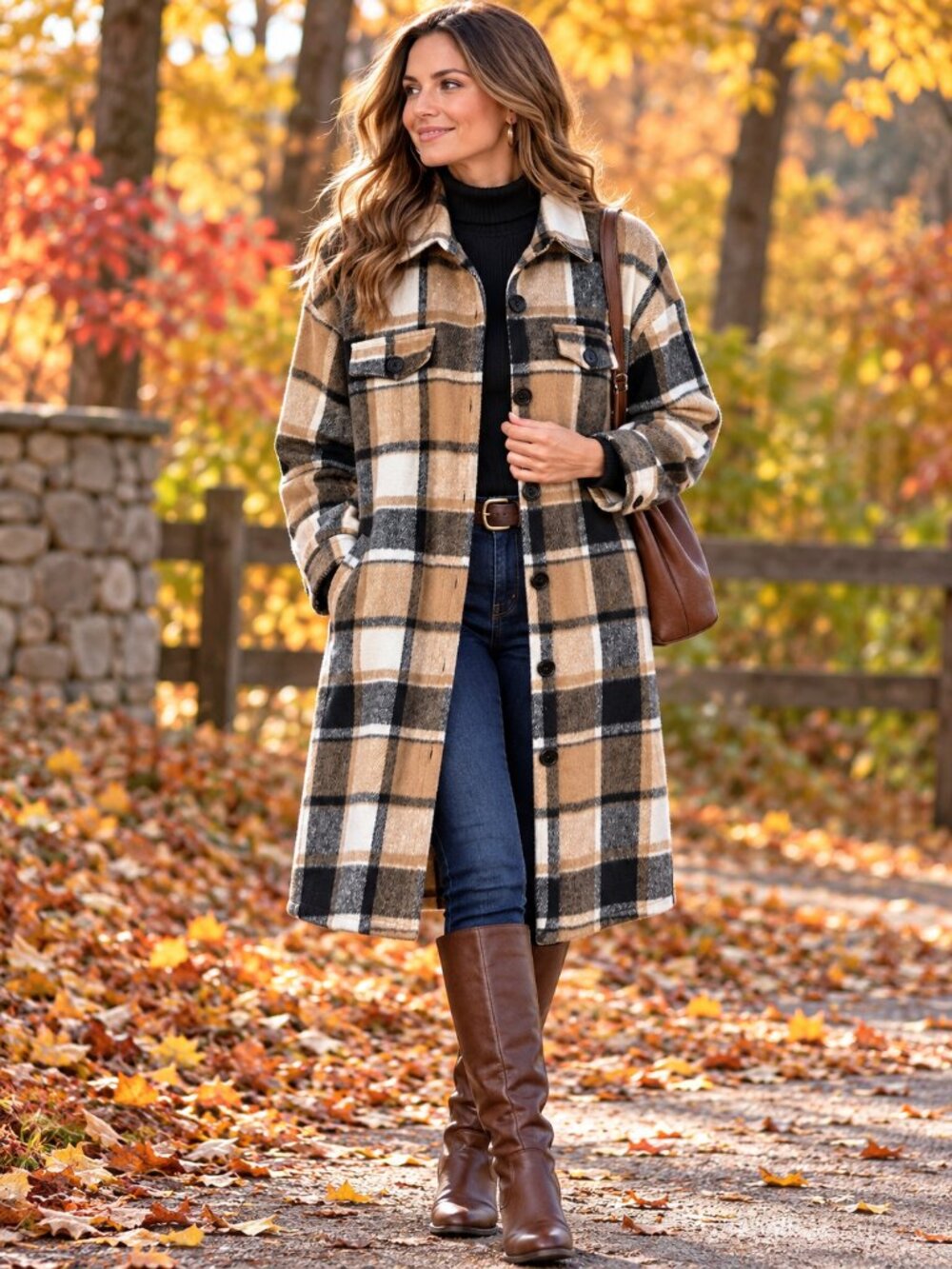 Oversized Long Plaid Shacket Coat XL Black Camel Cream Fall by PrettyGarden